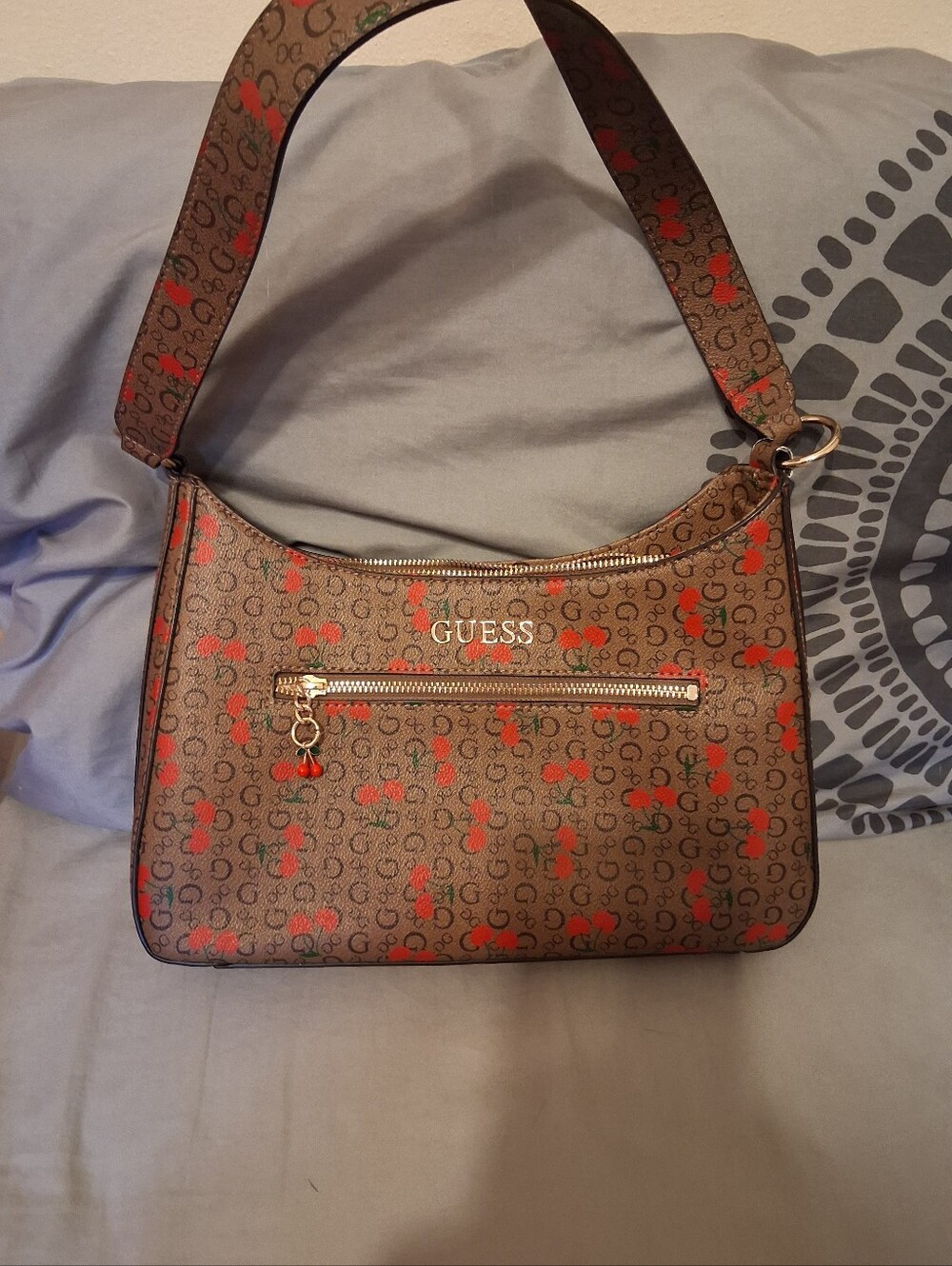 Guess Brown Shoulder Bag with Red Cherry Print